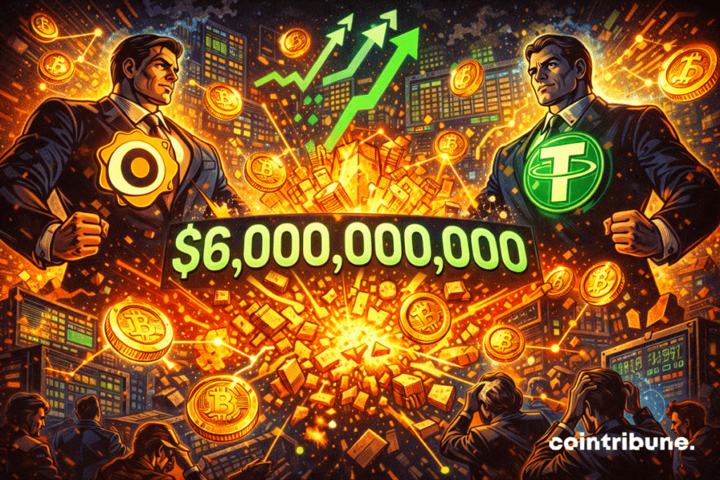 Paxos and Tether, towering figures, watch floating gold tokens as financial charts explode around them.