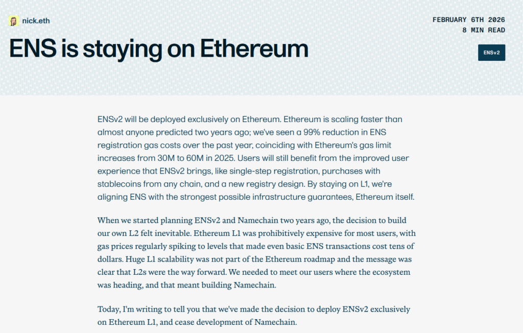 ENS' announcement to abandon Namechain L2 in favor of Ethereum L1 surprised the crypto ecosystem. Originally designed to reduce costs and improve accessibility, Namechain has become obsolete in the face of Ethereum's increased scalability.