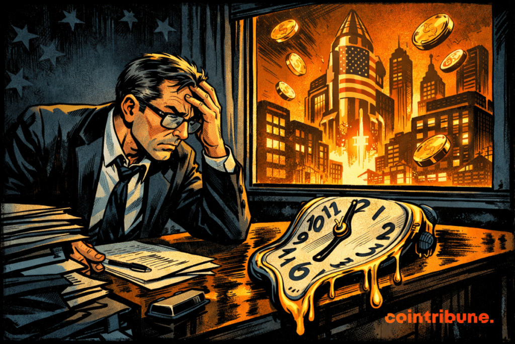 A stressed-out European regulator sits at a cluttered desk, next to a melting clock, while a bright, futuristic American city, with its flying chips, shines through the window.