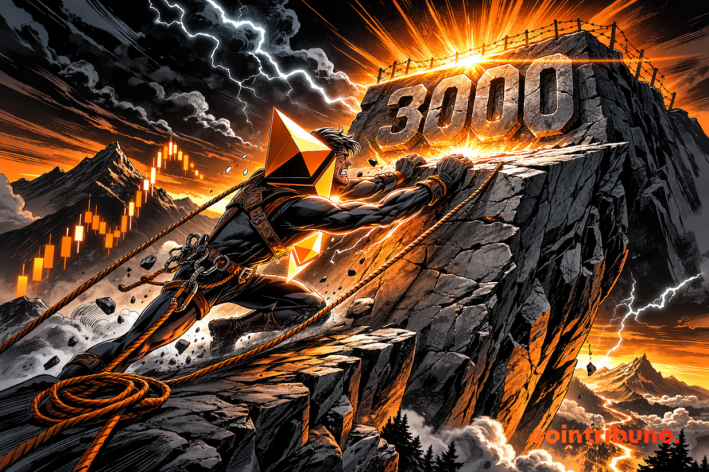 A cartoon-style mountain climber, sporting the Ethereum symbol on his back, trudges up a steep cliff toward a huge, glowing “3000” etched at the summit, under a stormy sky.