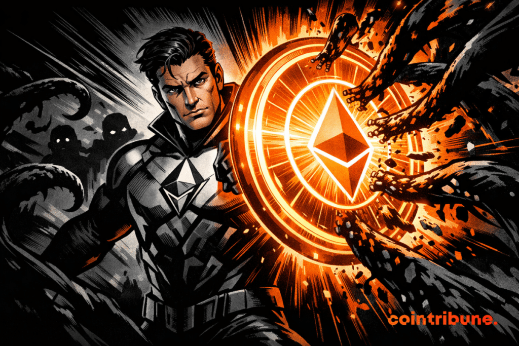 A comic book-style Ethereum guardian raises a glowing orange shield to block dark tentacles emerging from a dark background.