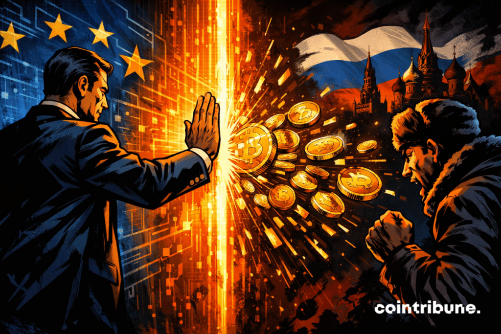 A European official blocks a crypto flow, confronting the EU and Russia in a dynamic and dramatic clash.