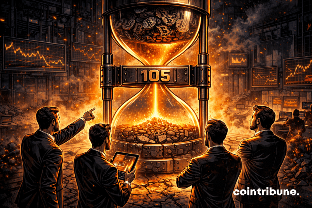 The hourglass is massive, made of reinforced metal with riveted plates. The number 105 is deeply engraved on the central metal frame of the hourglass, integrated into the material. Dark, compressed Bitcoin symbols pile up, representing bear market pressure.