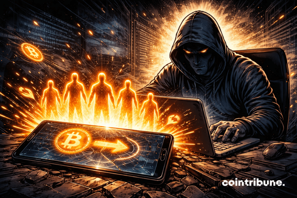 Hooded developer transfers glowing crypto from his computer, five digital silhouettes emerge from a glowing cracked smartphone.