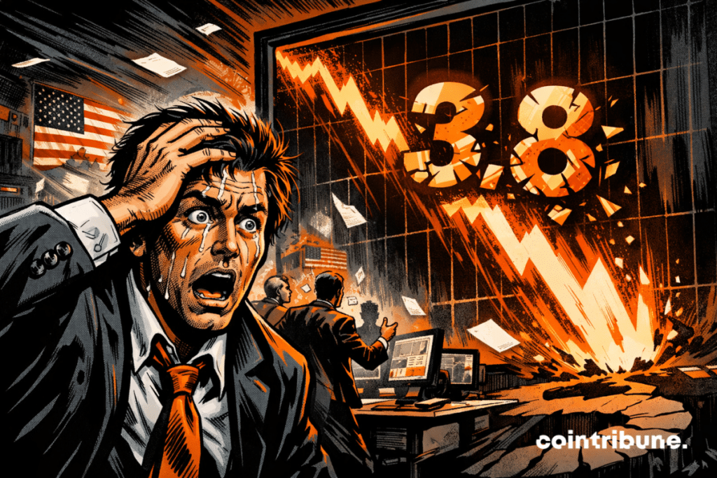 Panicked bitcoin trader observes sudden drop 3.8 chart, chaotic trading room, dramatic orange explosion, intense 70s comics style.