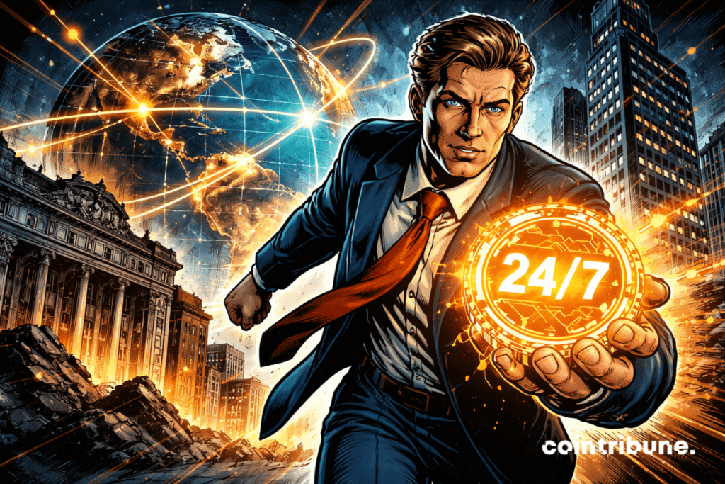 A determined businessman, in 1970s comic book style, runs forward holding a glowing orange 