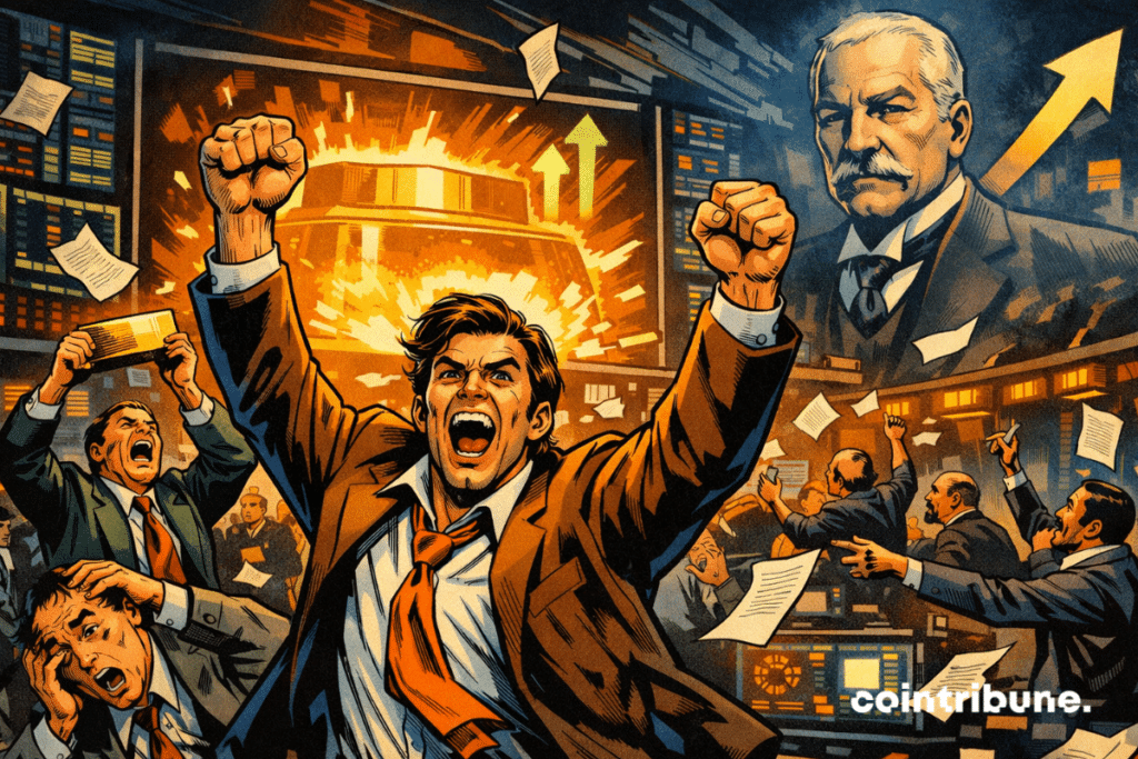 Cartoon style scene showing euphoric traders celebrating gold's rebound on a chaotic trading floor.