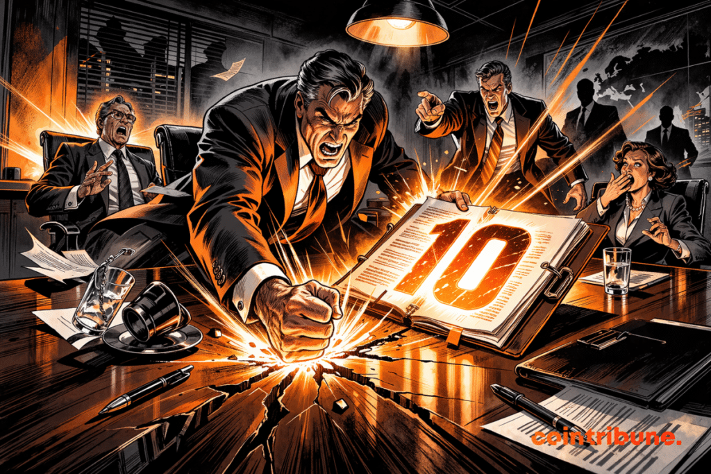 An angry executive bangs his fist on the meeting room table as a glowing folder marked 