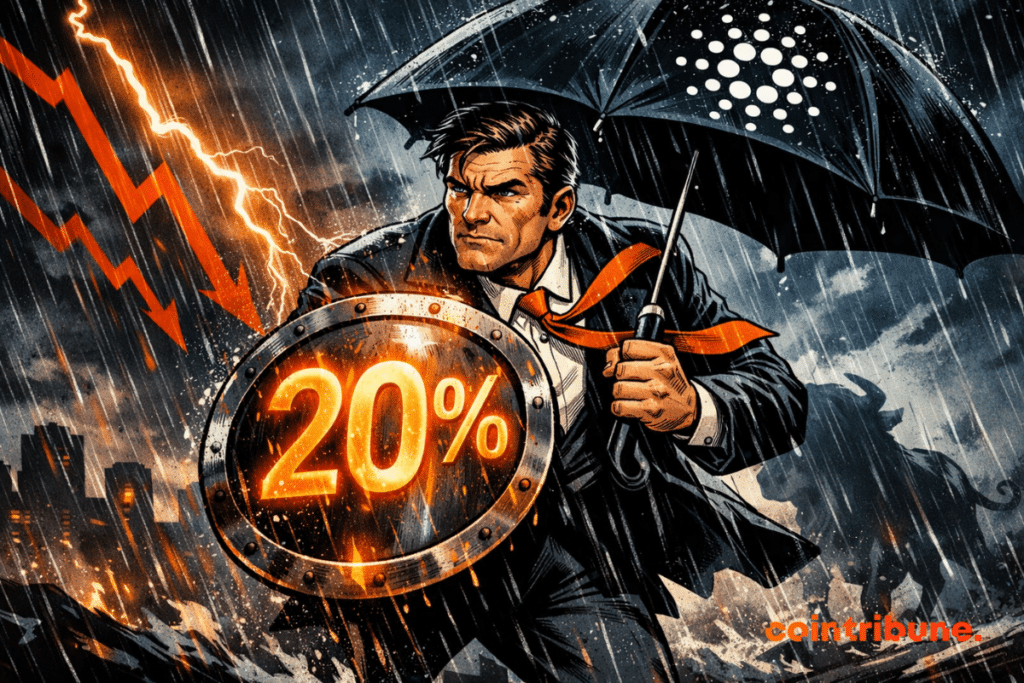 A determined businessman in a 1970s comic style braces against a violent storm, holding a glowing shield marked 20% and a black umbrella with a dotted crypto symbol as red market arrows crash behind him.
