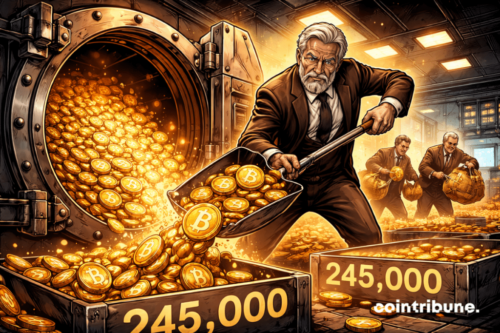 An old bearded man (representing a historical holder), holds a shovel, and empties a safe full of Bitcoins.