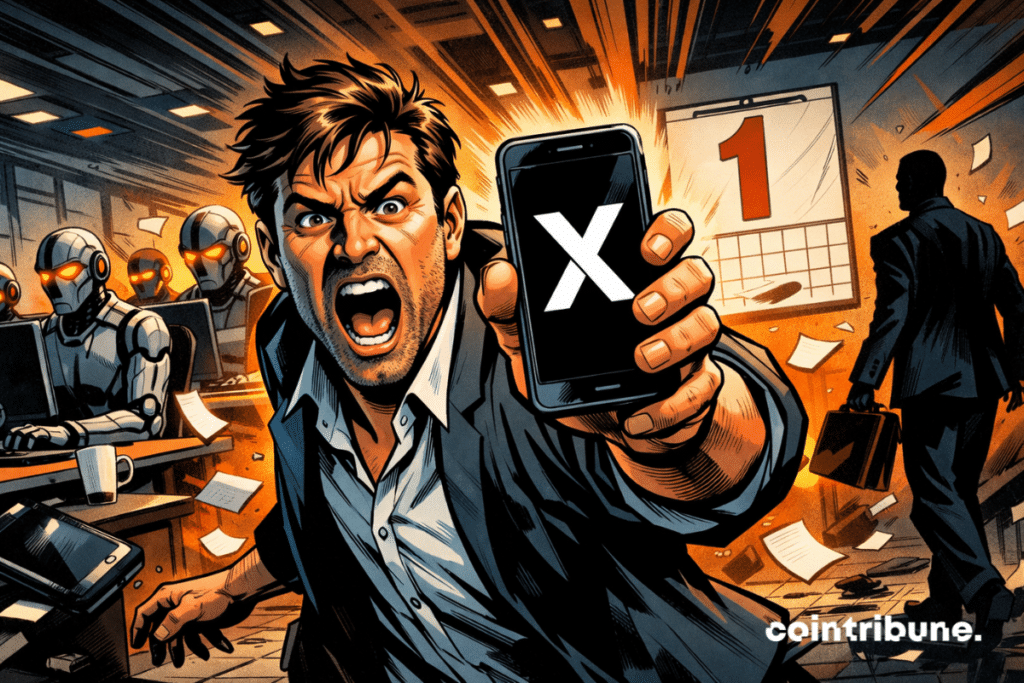 Panicked entrepreneur brandishes smartphone X while robots invade open space, calendar “1” announces imminent human replacement by AI.