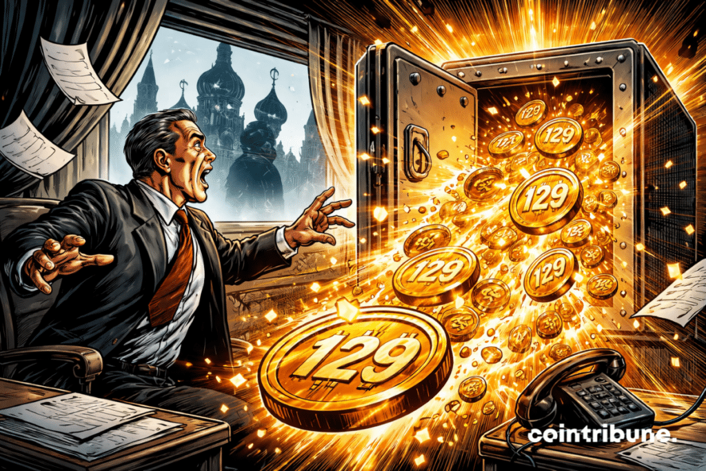 Illustration of a manager surprised in front of a chest overflowing with coins symbolizing the massive flows of cryptocurrency into Russia.