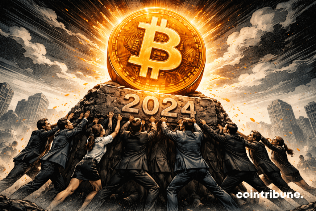 Investors support a huge Bitcoin symbol placed on a base engraved with 2024.