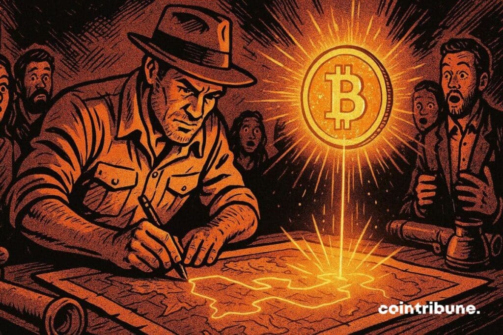 An explorer drawing golden lines on a map that expel a glittering bitcoin.