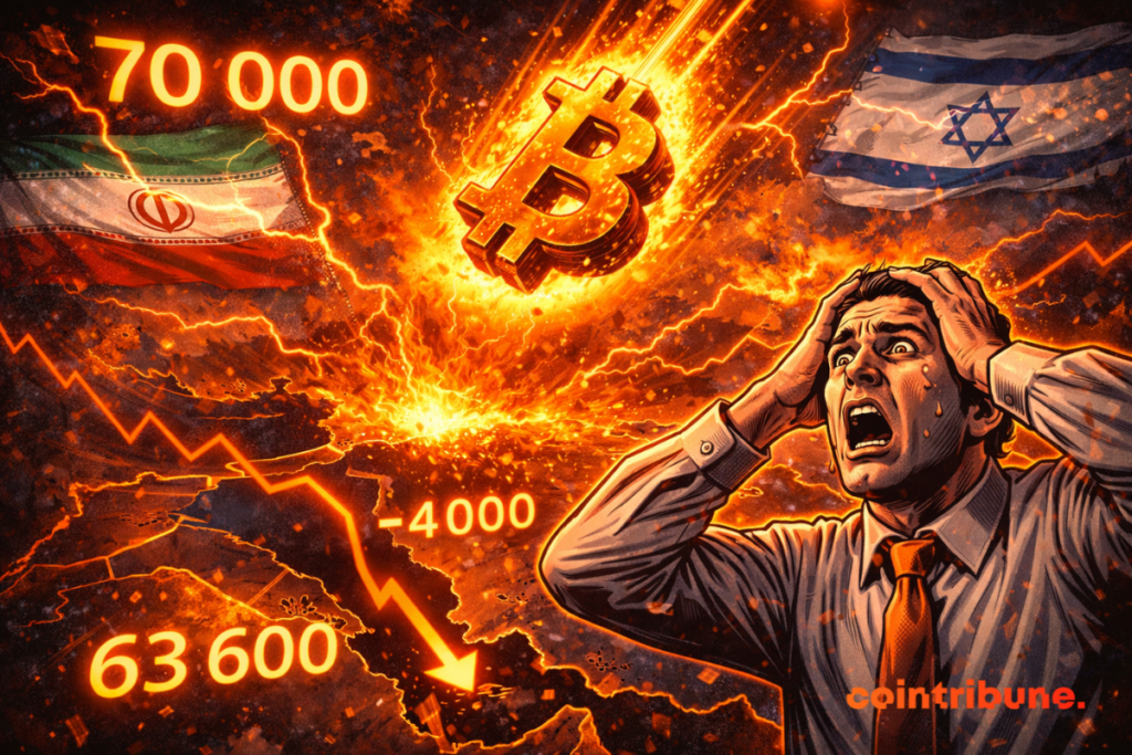 Fiery Bitcoin falls towards Middle East map, Iranian and Israeli flags clash, panicked trader, numbers 70,000 to 63,600 collapse.