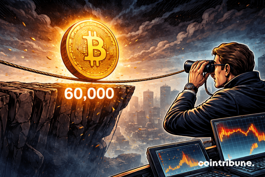 A giant Bitcoin piece walks balanced on the wire stretched in the void like a tightrope, exactly above a light mark “60,000” written on the ground.