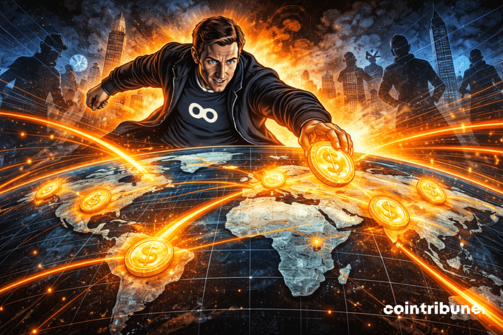 Tech executive launches glowing stablecoins across the globe, orange flows connect continents, rivals observe global expansion.