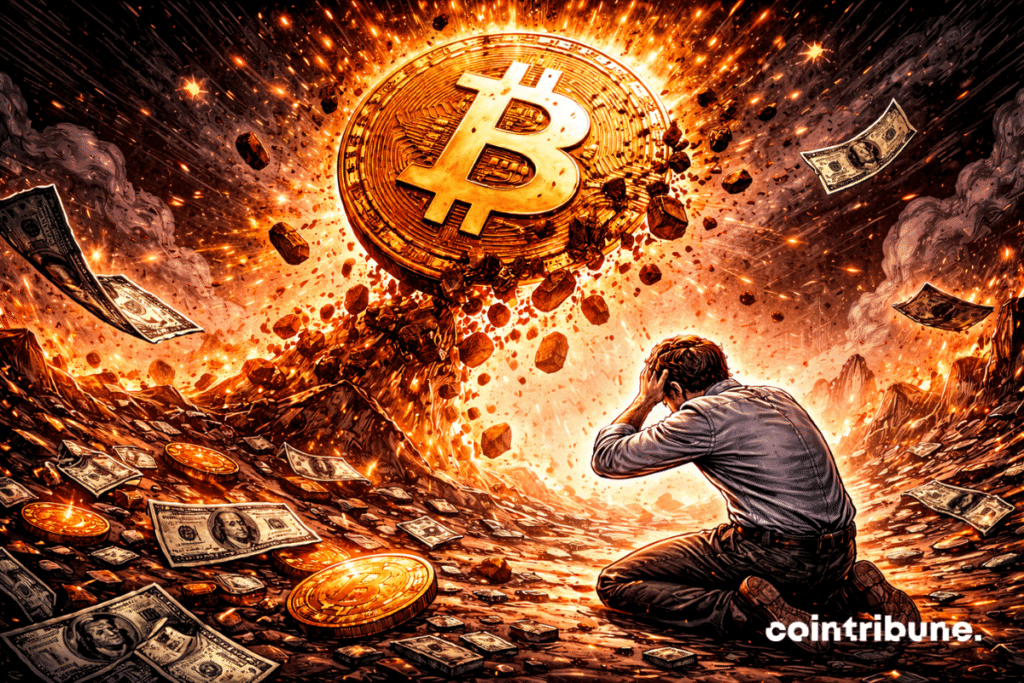 A giant Bitcoin disintegrating into digital dust above a floor littered with fragments of notes and tokens.