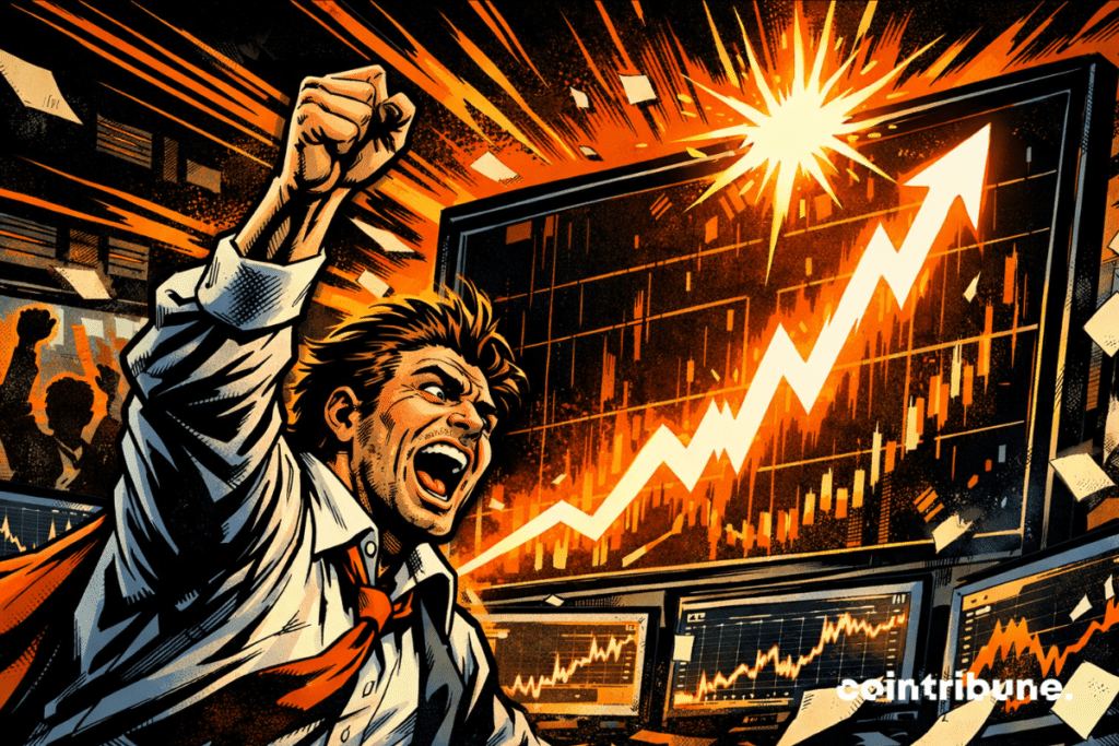 A comically styled trader applauds as Nvidia's stock price soars on the trading floor.