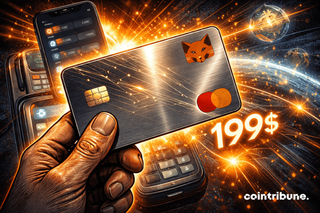 Hand holds shiny MetaMask metallic card, $199 glowing, smartphone and terminal behind, orange flow connect crypto and global payments.