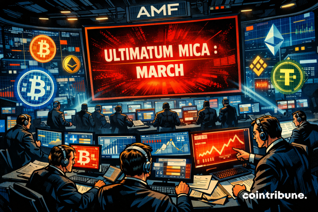 A futuristic control room with regulators monitoring crypto data, a countdown and an ultimatum.