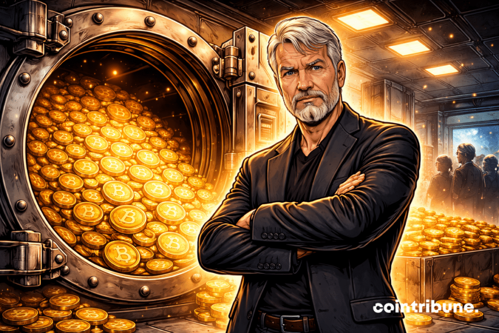 Strategy's Michael Saylor standing in front of an open armored door, revealing a hoard of stacked Bitcoins.