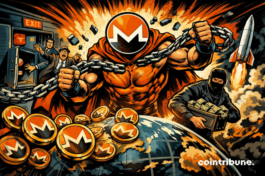 Monero depicted as a powerful figure breaking its chains, symbolizing the network's resilience in the face of regulation, surveillance and its growing adoption in the darknet.