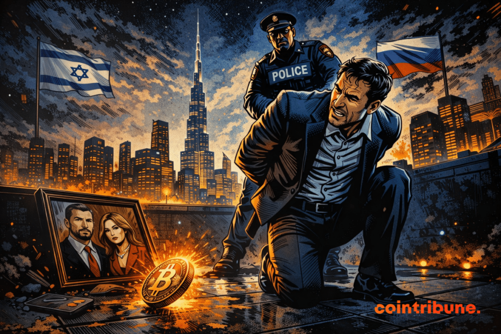 Handcuffed suspect on a rooftop in Dubai, dominant police officer, blazing night skyline, shiny Bitcoin coin, upside down Russian couple portrait.