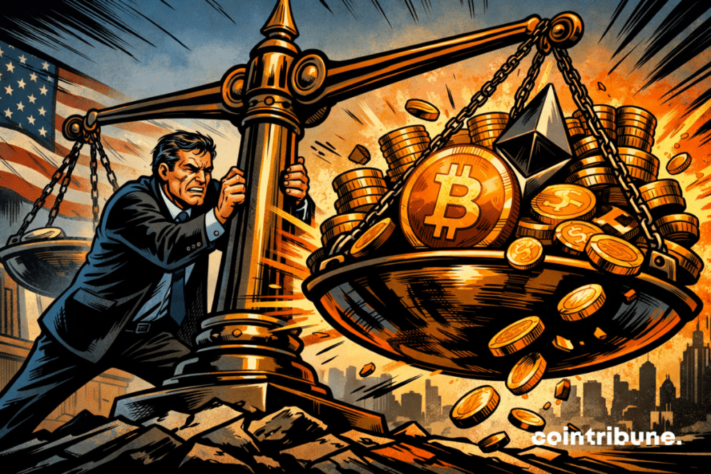 A prosecutor struggles to rebalance crypto justice, crushed by the weight of stablecoins, under a tense and dramatic New York sky of the GENIUS Act.