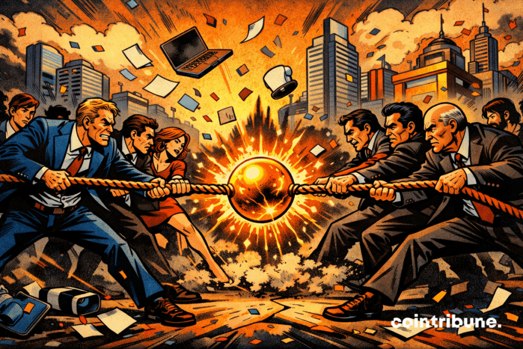 Two venture capital teams specializing in cryptocurrencies engage in a fierce tug of war around a luminous orb, papers flying in an urban setting.