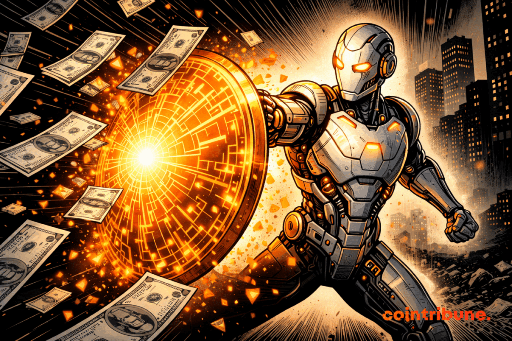 Luminous AI robot fends off a rain of silver with a digital shield