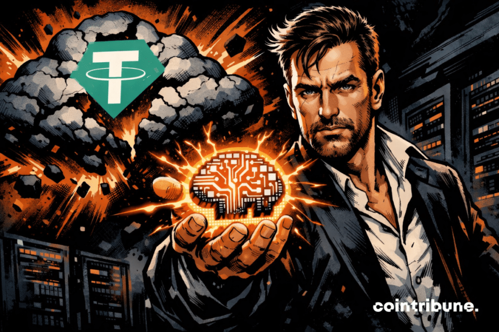 Determined visionary brandishes glowing AI, while the Tether logo emerges from an explosive cloud, defying the cloud age.