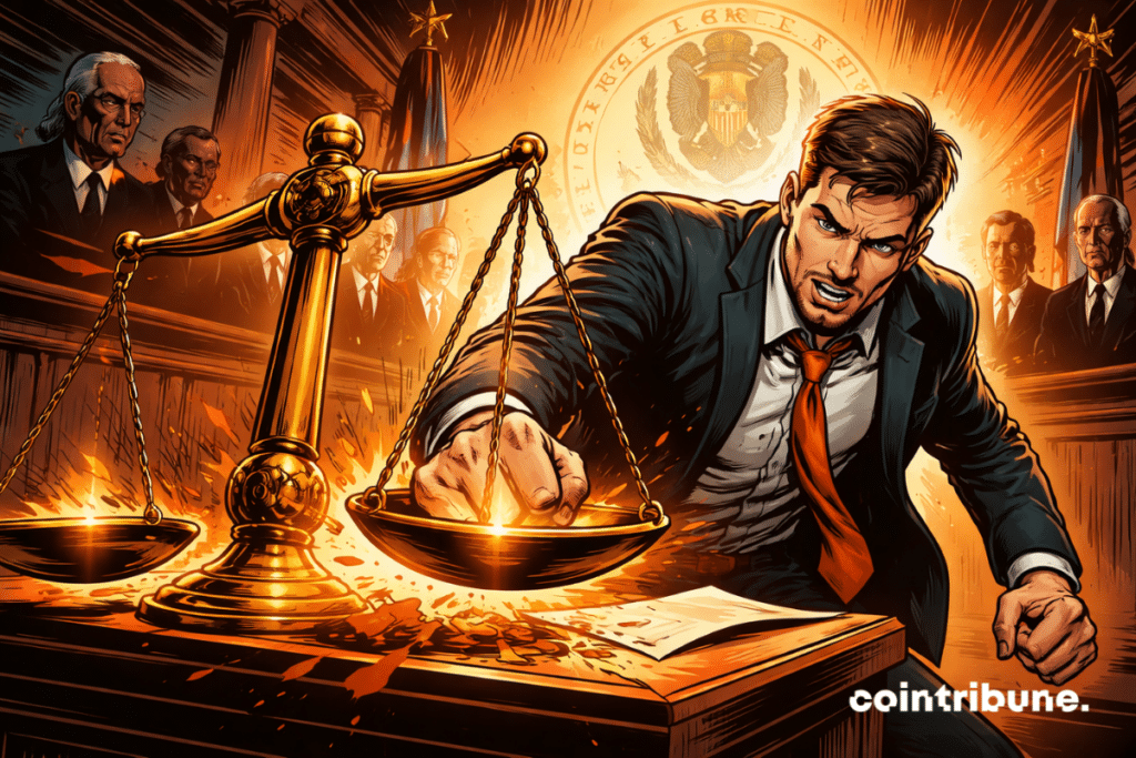 A determined lawyer pounds down legal documents next to golden scales in a burning courtroom, with judges in the background, symbolizing the tension and power of the moment.