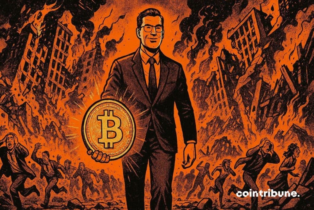 Anthony Pompliano with a bitcoin coin that proudly walks amidst volatility without fear.