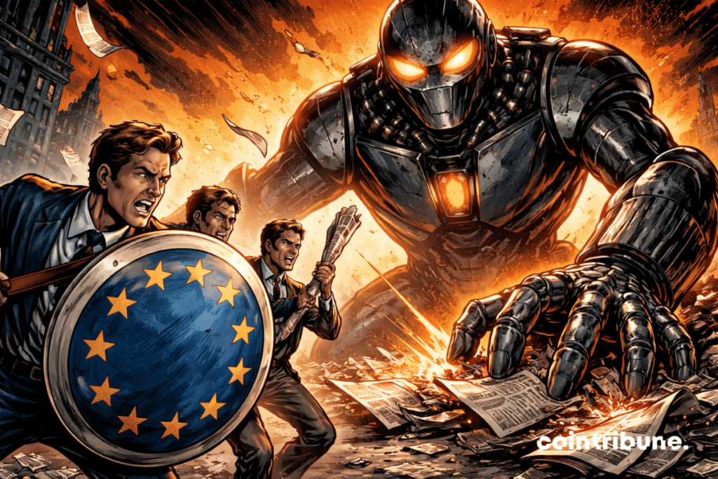 Giant robot illustrating Google's AI threateningly confronts determined European publishers, star shield raised, torn newspapers flying under dramatic orange sky.
