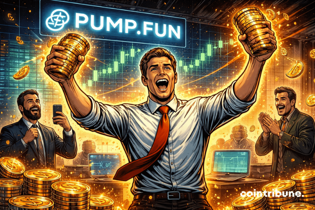 Exultant trader holds Pump.fun crypto coins, surrounded by applauding colleagues, in an office buzzing with success.