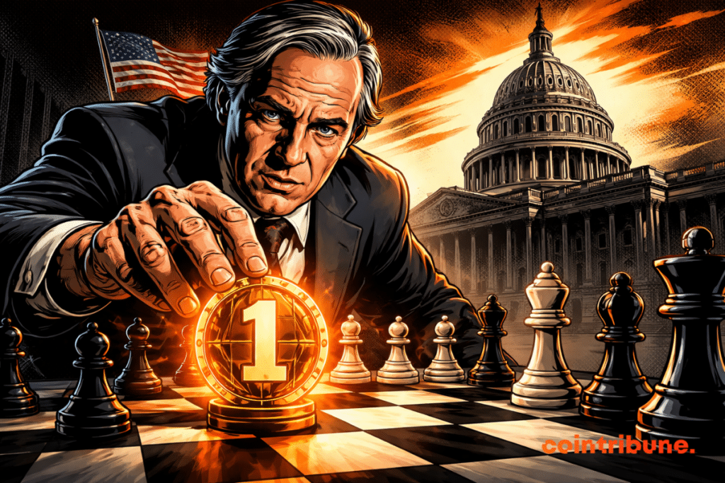 CBDCs are symbolized by a glowing orange digital piece marked “1” on a chessboard, while a stern businessman leans forward, with the US Capitol looming in the background in dramatic 1970s comic book style.