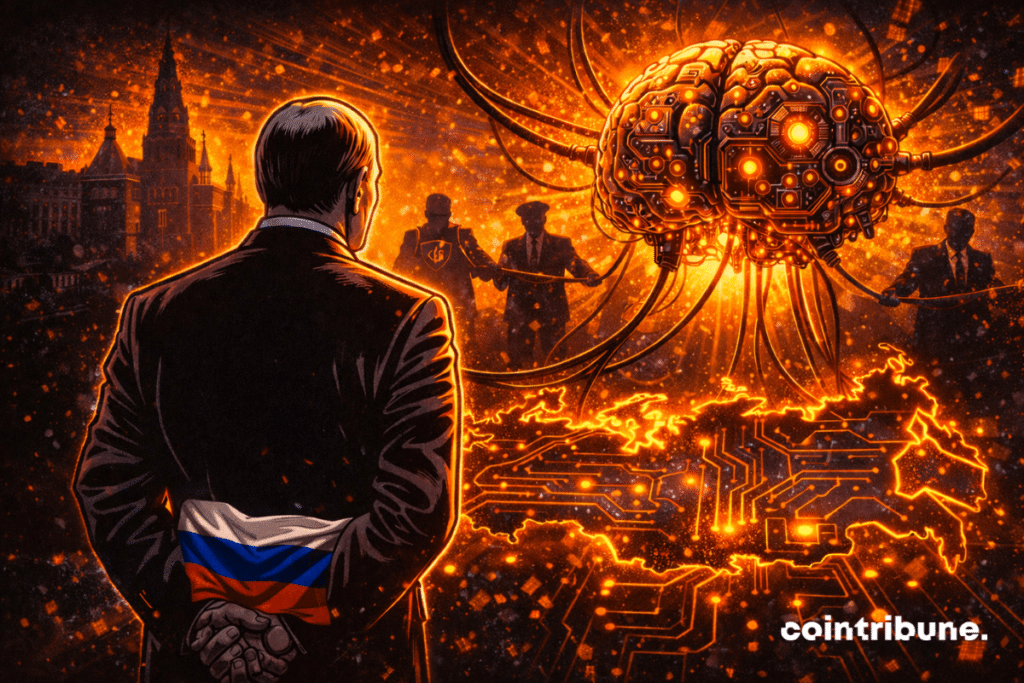 Russian leader observes glowing AI brain, flag hidden behind his back, illuminated digital map, institutions pulling live cables.