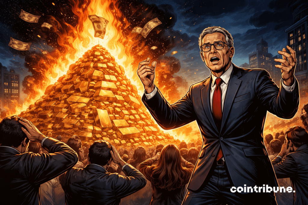 Scott Bessent towers over a crowd, in front of a pyre of burning gold bars.