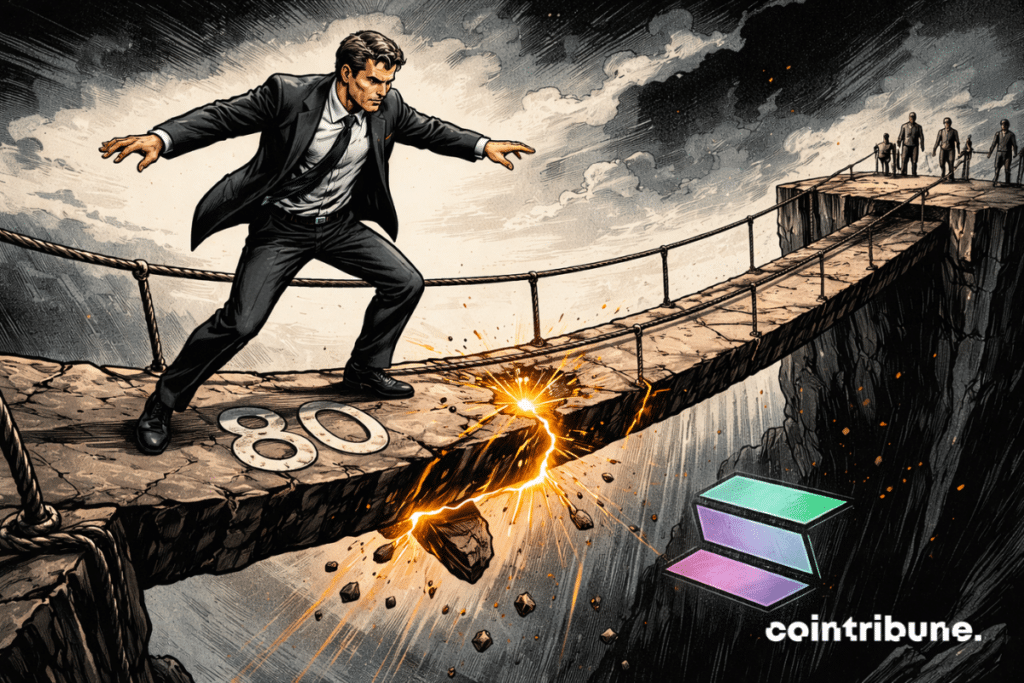 A Solana investor crosses a narrow bridge marked 80. The bridge cracks beneath his feet.