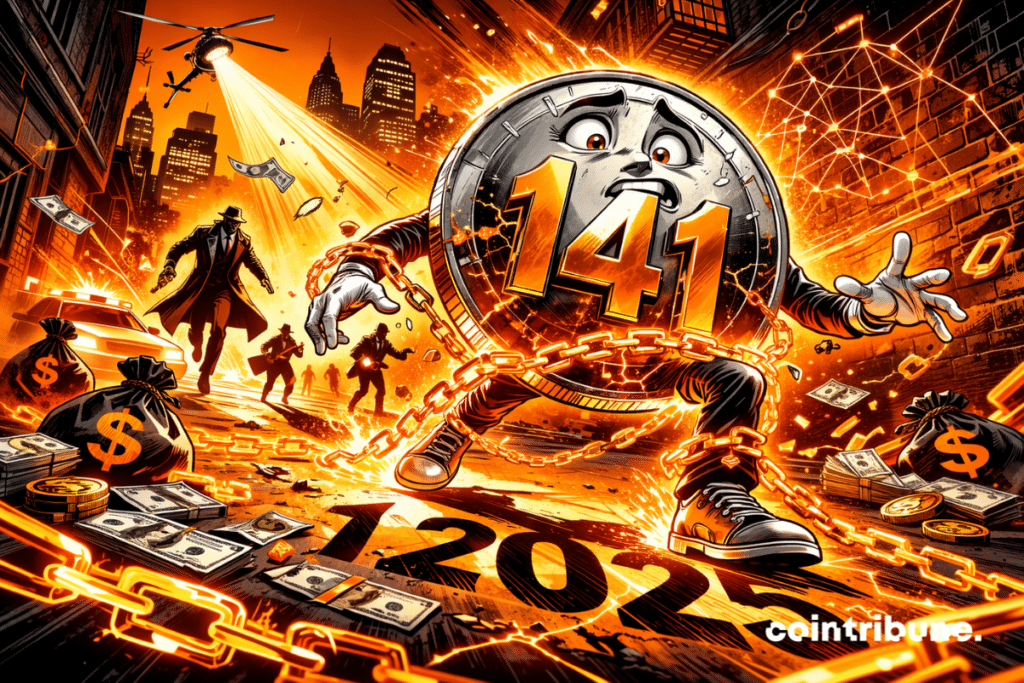 A panicked stablecoin chained under an intense spotlight