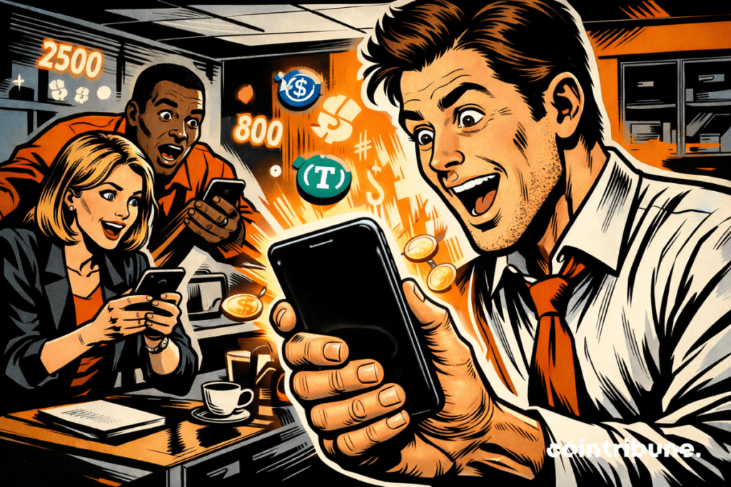 Three surprised and enthusiastic office workers discover their stablecoin payments on smartphones, 70s comics style, colors black, white, orange.