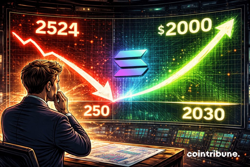 A banking analyst at Standard Chartered looks at two time curves: one going down towards $250 (2026), the other going up to $2,000 (2030).