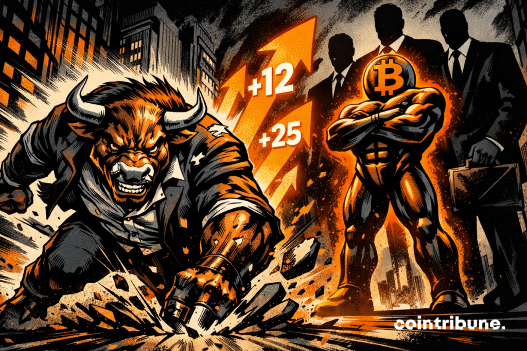 A muscular bull in a ripped suit charges as glowing arrows rise, while a towering silhouette of Bitcoin stands before the menacing shadows of institutions.
