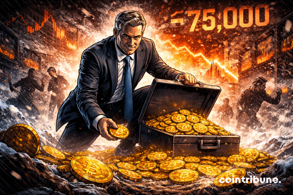 A calm investor (representing Strategy) walking into a market storm, picking up Bitcoins from the ground.