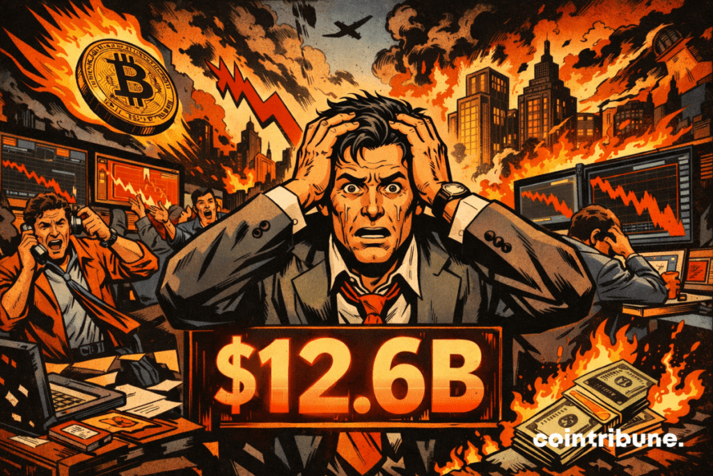 A businessman panics as he faces a $12.6 billion loss, a Bitcoin collapse, and market chaos unleashed around him.