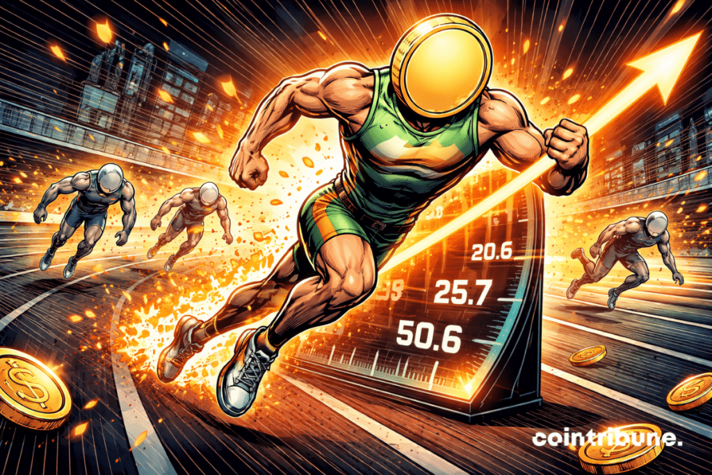 A powerful cartoon-style racer, with a head shaped like a coin, sprints down a track, surrounded by orange energy, lines of motion, and increasing digital gauges, while his rivals lag behind.