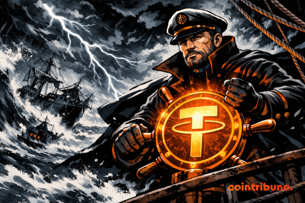 Illustration of a captain holding a helm shaped like Tether's USDT logo, navigating a storm in a declining crypto market.