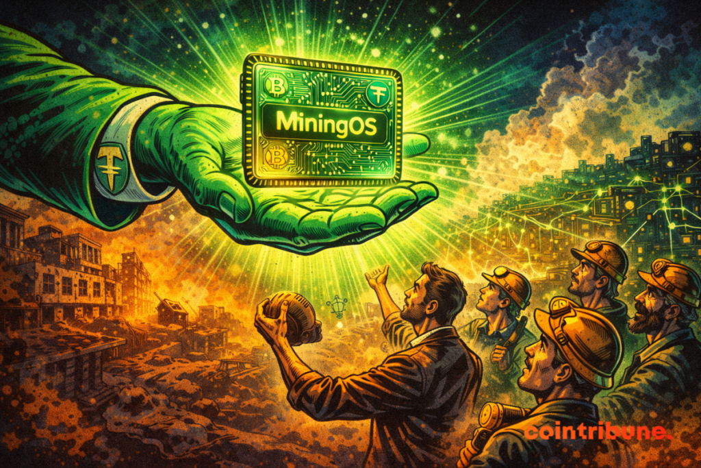 A giant green hand holds out MiningOS to amazed miners, facing a ruined factory bathed in green light.