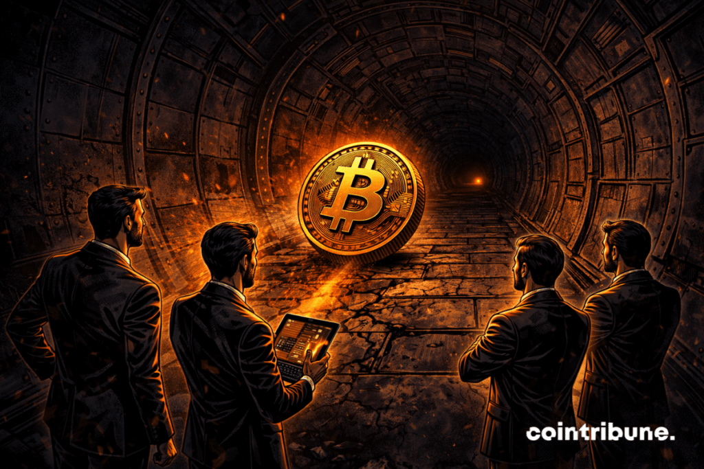 The metal walls of a huge industrial tunnel converge towards a dark central vanishing point, accentuating the impression of a prolonged bear market. In the middle of the tunnel, the Bitcoin symbol slowly moves forward, but the environment remains dark and oppressive.